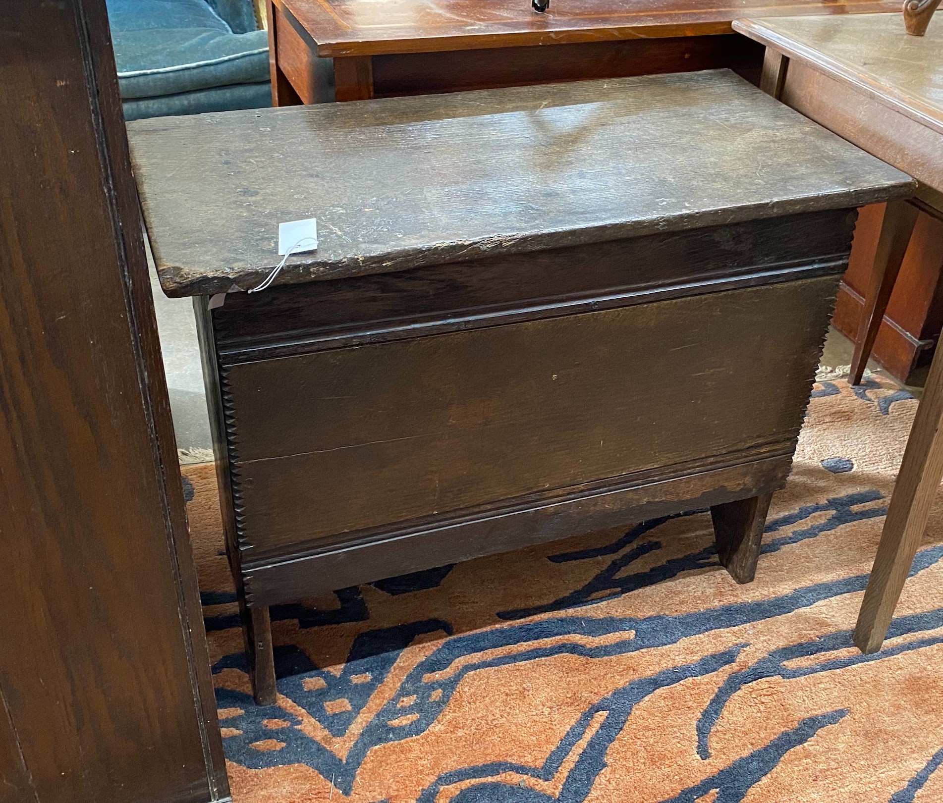A small 17th century style oak six plank coffer, width 82cm, depth 41cm, height 63cm (incorporates old timber)